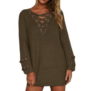 Olive Green Lace Up Sweater Dress